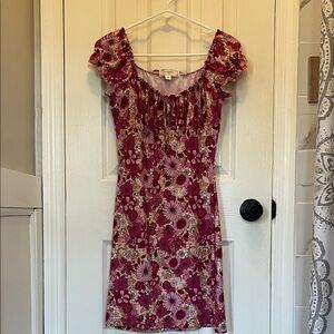 Off-Shoulder Floral Mini Dress in Magenta